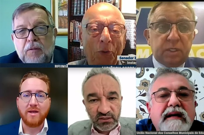 Senadores Flávio Arns, Esperidião Amin e Izalci Lucas (no alto) e participantes do debate - Reprodução/Tv Senado