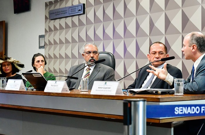 A líder indígena Erileide Domingues, Juliana Acosta Santorum, o procurador Pedro Serafim e Adelar Cupsinski na audiência conduzida por Paim (C) - Foto: Waldemir Barreto/Agência Senado